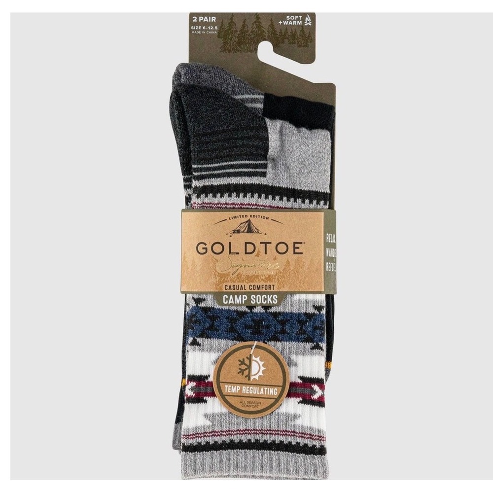 Gold Toe Signature Casual Comfort Camp Socks 2 Pair Pack Mens 6-12.5 Aztec Hiker